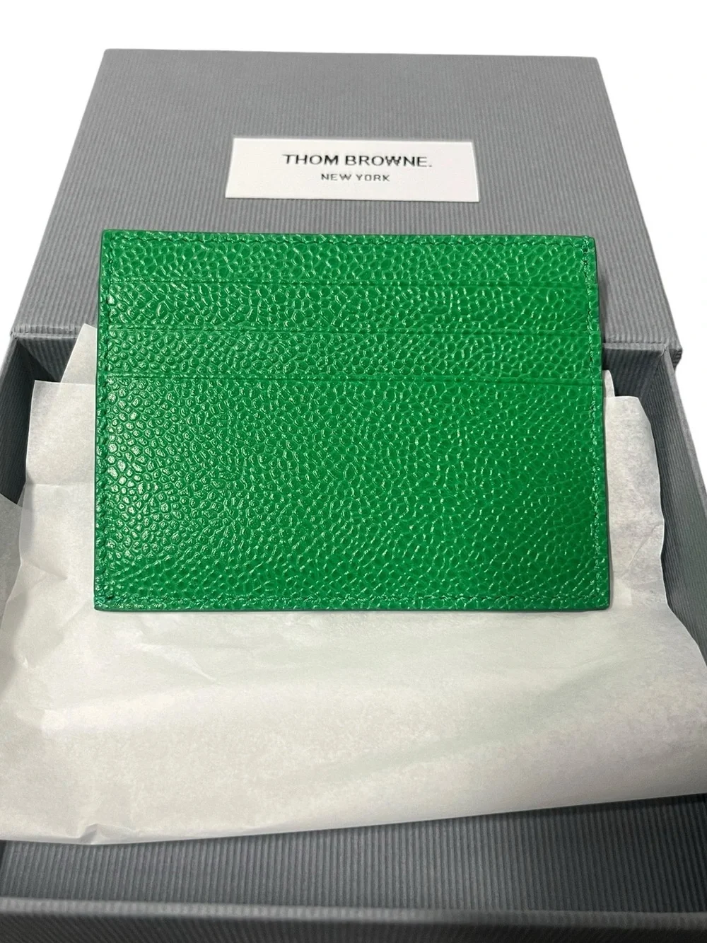 Thom Browne Green Pebbled Leather Card Sleeve with Red White Black Stripe